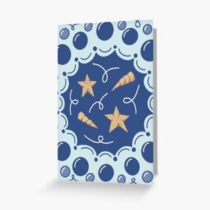 Tarjeta de felicitación A6 de 10 x 15 cm (4 x 6 pulgadas) - Burbujas, estrellas de mar, conchas, obra de arte destacada 'STARS & SHELLS' - diseño azul, tarjeta interior en blanco