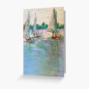 A6 Grußkarte 10 x 15 cm 'Sunday Sailing' von Sandra Burns ART - Segeln auf dem Swan River bei Sonnenuntergang, Gemälde Reproduktion