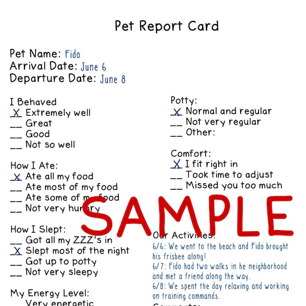 Dog Pet Report Card Sitting Etsy
