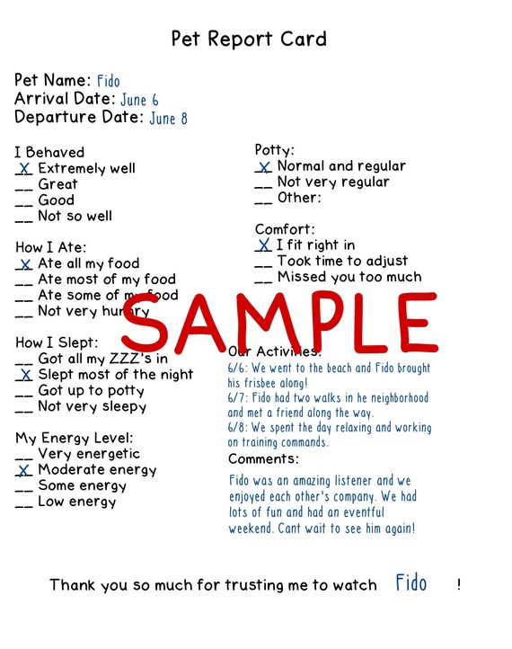 Pet Report Card Sitting and Boarding Instant PDF & Word - Etsy