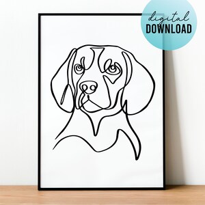 Puede incluir: Un dibujo en blanco y negro de la cabeza de un perro Beagle. El perro mira directamente al espectador con las orejas levantadas.