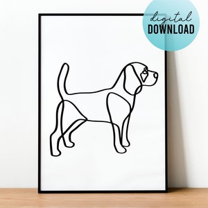 May include: Black and white line art print of a beagle dog. The print is in a black frame and has the text "digital download" in a blue circle at the top.