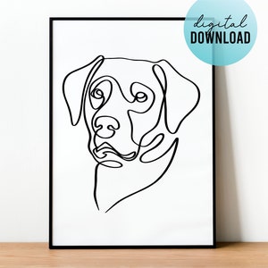 May include: A black and white line drawing of a dog's head, in a simple minimalist style. The image is framed in a black frame and is ready for digital download.