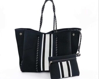 Neoprene Ella Tote Black & White Stripe