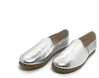 Women's Silver Leather Shoes, Nubuck Handmade Shoes, Moccasins pattern, Flat Shoes, Gift For Her