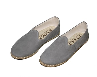 grey Blue Leather Shoes, Nubuck Handmade Shoes, Moccasins pattern, Flat Shoes, Gift For Her
