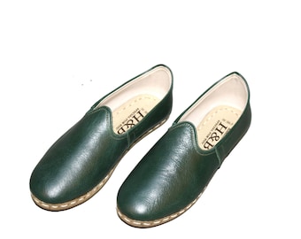 Woman's green Colour Leather Handmade shoes