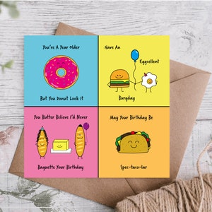 Biglietto d'auguri per il compleanno di quattro cibi: baguette, burro, hamburger, uova, ciambella, ciambella, taco