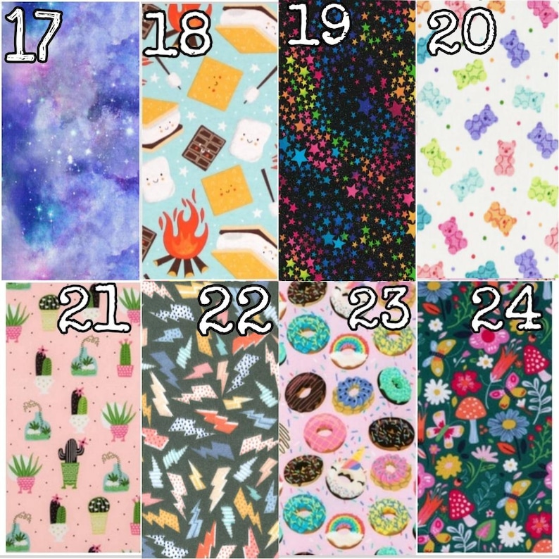 Puede incluir: Una colecci&oacute;n de patrones de tela coloridos. Los dise&ntilde;os incluyen una galaxia, s'mores, estrellas arco&iacute;ris, ositos de peluche, cactus, rayos, donas y un estampado floral con setas y mariposas. Cada patr&oacute;n est&aacute; numerado.