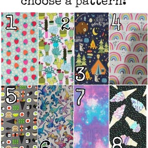 Puede incluir: Imagen que muestra ocho opciones de patrones de tela. Los patrones incluyen fresas, cactus, escenas de campamento, arco&iacute;ris, sushi, dinosaurios, un dise&ntilde;o te&ntilde;ido anudado y conos de helado. El texto "choose a pattern" est&aacute; en la parte superior.