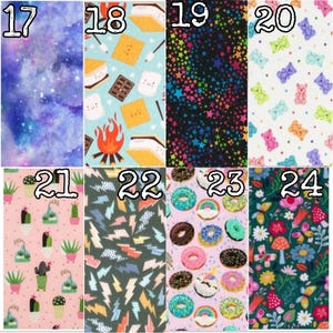 May include: A collection of colorful fabric patterns. Designs include a galaxy, s'mores, rainbow stars, teddy bears, cacti, lightning bolts, donuts, and a floral pattern with mushrooms and butterflies. Each pattern is numbered.