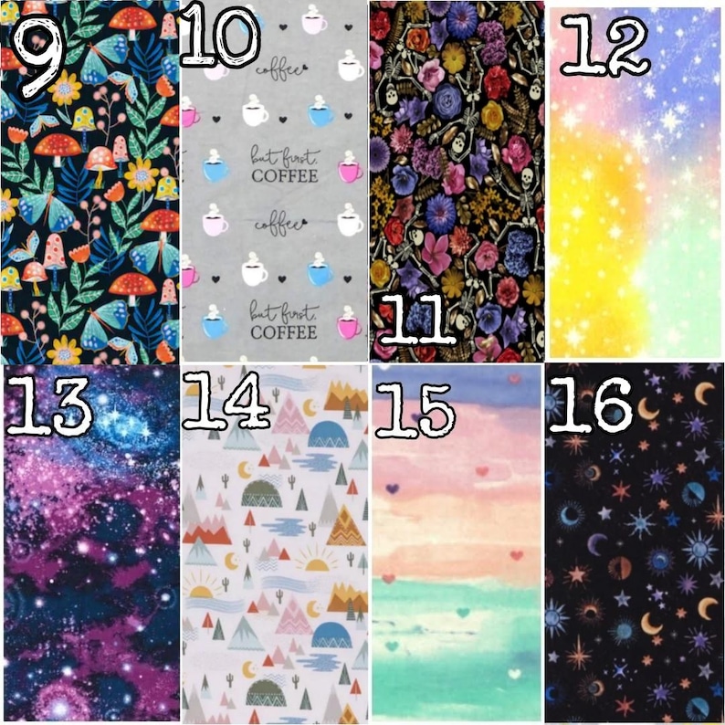 May include: A collection of sixteen fabric swatches with various patterns. Designs include mushrooms, butterflies, coffee cups, floral arrangements, galaxies, mountains, sunsets, and celestial bodies. Each swatch is numbered.
