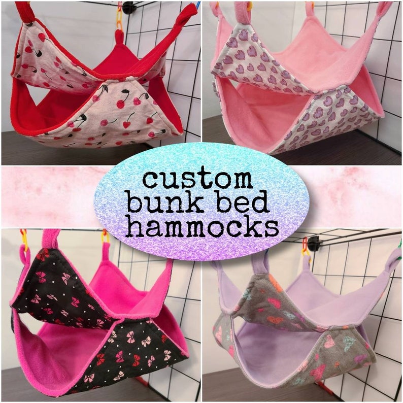 May include: A collage of custom bunk bed hammocks in various colors and patterns. Designs include cherries, hearts, and bows. The hammocks are suspended from a wire grid. The text "custom bunk bed hammocks" is in the center.