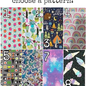 May include: Image displaying eight fabric pattern options. Patterns include strawberries, cacti, camping scenes, rainbows, sushi, dinosaurs, a tie-dye design, and ice cream cones. The text "choose a pattern" is at the top.