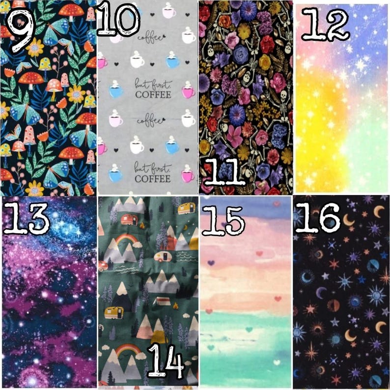 May include: A collection of fabric swatches with various patterns. Designs include mushrooms, butterflies, coffee cups, floral arrangements, starry skies, and camping scenes. Colors range from dark blues and greens to vibrant pinks and yellows.