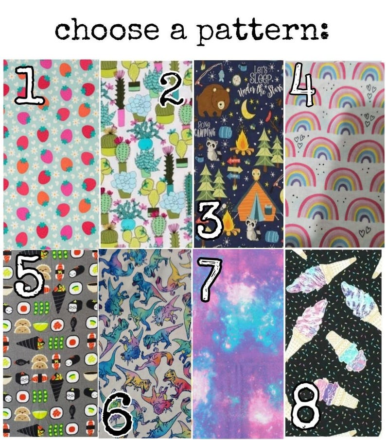 May include: Image displaying eight fabric pattern options. Patterns include strawberries, cacti, camping scenes, rainbows, sushi, dinosaurs, tie-dye, and ice cream cones. The text "choose a pattern" is at the top.