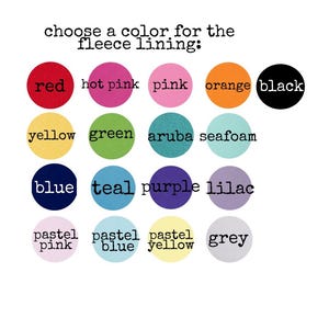 Puede incluir: Imagen que muestra opciones de color para el forro polar, incluyendo rojo, rosa intenso, rosa, naranja y negro. Otros colores incluyen amarillo, verde, aruba, espuma de mar, azul, turquesa, morado, lila, rosa pastel, azul pastel, amarillo pastel y gris.