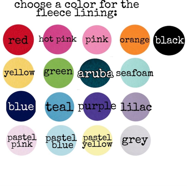 May include: Image displaying a color chart for fleece lining options. The chart features a variety of colors, including red, hot pink, pink, orange, black, yellow, green, aruba, seafoam, blue, teal, purple, lilac, pastel pink, pastel blue, pastel yellow, and grey.