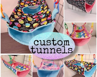 Hamacas tipo túnel Peekaboo hechas a medida para ratas, hurones y otras mascotas pequeñas. Accesorio para jaula de dos pisos hecho a pedido.