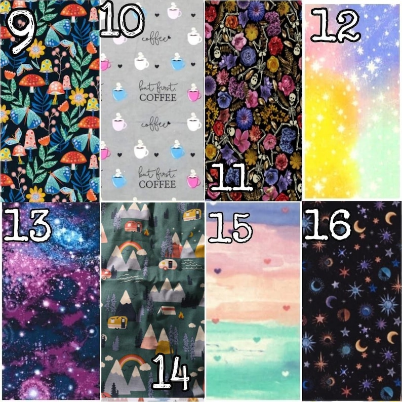 Puede incluir: Muestras de tela con varios dise&ntilde;os. Los dise&ntilde;os incluyen setas, mariposas, tazas de caf&eacute;, arreglos florales, cielos estrellados y escenas de acampada. Los colores van desde el azul oscuro y el verde hasta el rosa y el amarillo vibrantes.