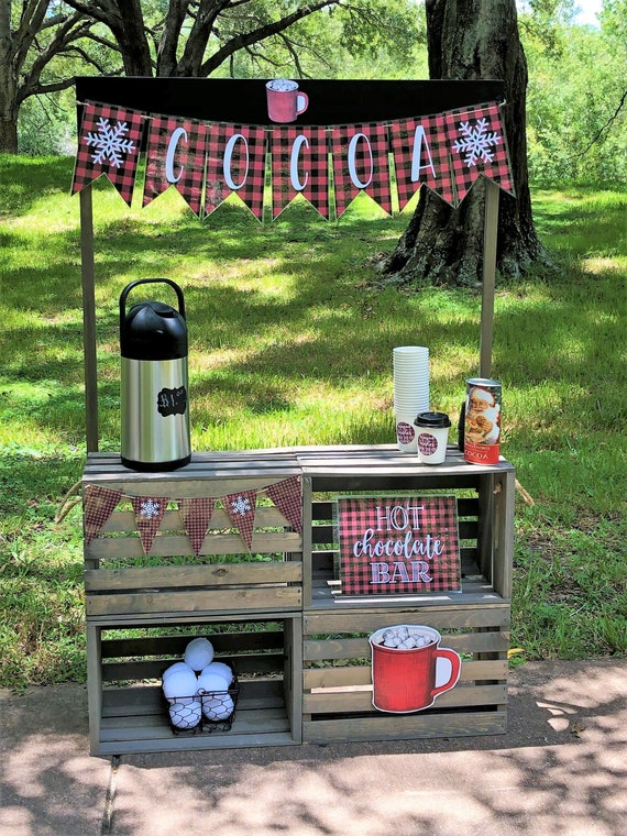 DIY Hot Cocoa stand with 4 crates and poplar wood. Wipe stain with Minwax.  Super easy!