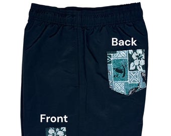 Tribal Hawaiian Hibiscus Swim Trunks w/Matching Back Pocket/ Made in Hawaii
