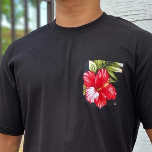 Made in Hawaii/ Red Hawaiian Hibiscus Aloha Shirt Pocket Tee- Great Quality T-Shirt