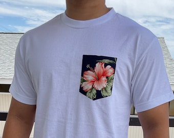 Hecho en Hawái / Naranja Hawaiano Hibisco Aloha Camisa Pocket Tee- Gran Calidad