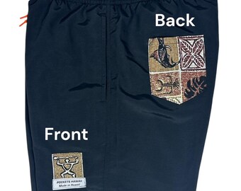 Tribal Hawaiian Swim Trunks w/Matching Back Pocket/ Made in Hawaii