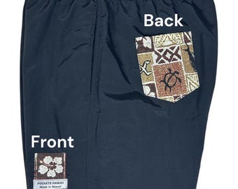 Tribal Hawaiian Hibiscus Swim Trunk w/Matching Back Pocket/Made in Hawaii