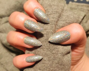 Grey Silver Holographic Glitter Stiletto False Nails - Full set of 24 with Glue Tabs