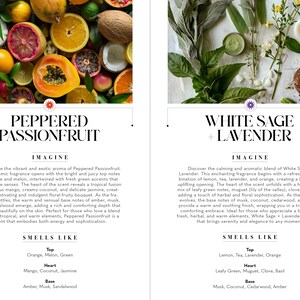 Op de afbeelding: Twee kaarsenpotten met etiketten en ingredi&euml;ntenlijsten. De eerste pot is gelabeld "Gepeperde passievrucht" en heeft een levendig beeld van tropisch fruit. De tweede pot is gelabeld "Witte Salie + Lavendel" en heeft een kalmerend beeld van groene bladeren en witte bloemen.