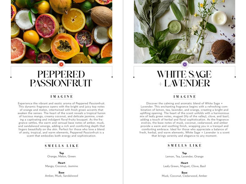 Op de afbeelding: Twee kaarsenpotten met etiketten en ingredi&euml;ntenlijsten. De eerste pot is gelabeld "Gepeperde passievrucht" en heeft een levendig beeld van tropisch fruit. De tweede pot is gelabeld "Witte Salie + Lavendel" en heeft een kalmerend beeld van groene bladeren en witte bloemen.