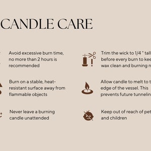 May include: A beige graphic with the text "CANDLE CARE" at the top. The image provides candle care instructions, including trimming the wick, burning on a stable surface, and keeping candles away from pets and children.