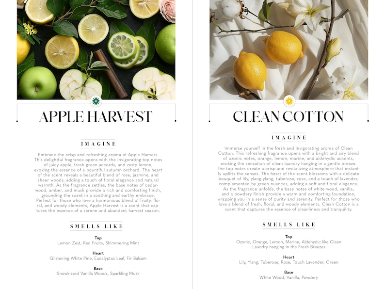 Op de afbeelding: Twee kaarsenpotten met etiketten waarop "Apple Harvest" en "Clean Cotton" staat. De potten zijn omringd door afbeeldingen van appels, citroenen en katoen. De etiketten bevatten ook beschrijvingen van de geuren, zoals "Imagine" en "Ruikt naar".
