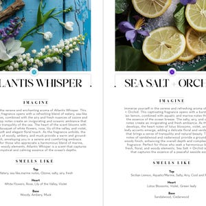 Op de afbeelding: Twee parfumflesjes met bloemige en oceaan-ge&iuml;nspireerde geuren. Het linker flesje is gelabeld "Atlantis Whisper" en het rechter flesje is gelabeld "Sea Salt + Orchid". Beide flesjes hebben een witte achtergrond met tekst die de geurnoten beschrijft.
