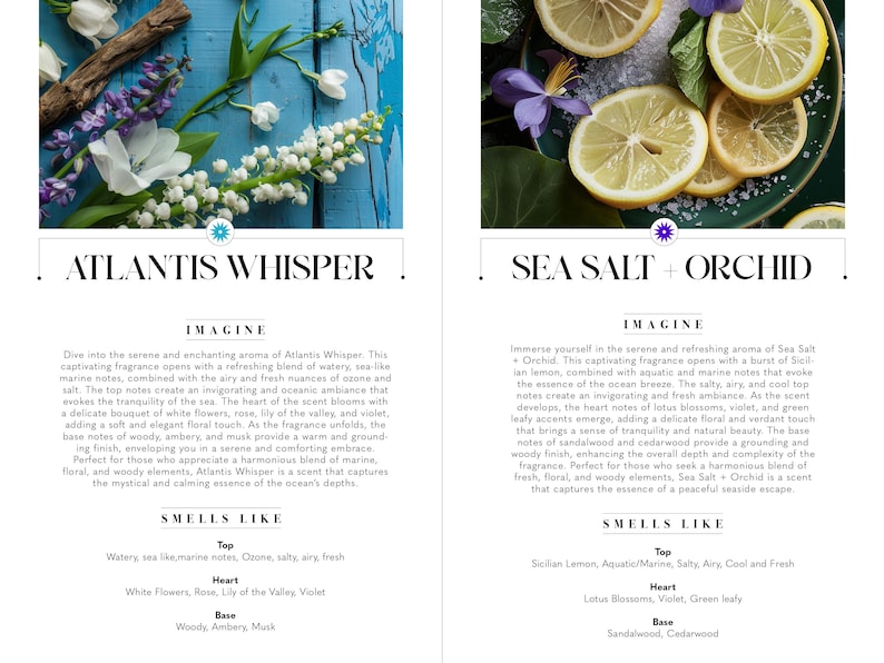 Op de afbeelding: Twee parfumflesjes met bloemige en oceaan-ge&iuml;nspireerde geuren. Het linker flesje is gelabeld "Atlantis Whisper" en het rechter flesje is gelabeld "Sea Salt + Orchid". Beide flesjes hebben een witte achtergrond met tekst die de geurnoten beschrijft.