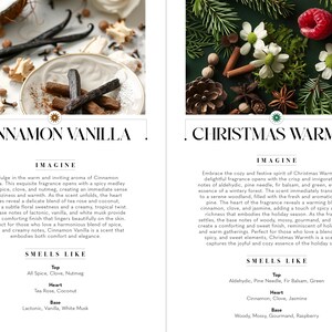 Op de afbeelding: Twee etiketten voor glazen kaarsen met afbeeldingen van ingredi&euml;nten en tekst die de geuren beschrijft. Het linker etiket is voor Cinnamon Vanilla en het rechter etiket voor Christmas Warmth. Beide etiketten hebben de woorden "Imagine" en "Smells Like" met een lijst van noten voor elke geur.