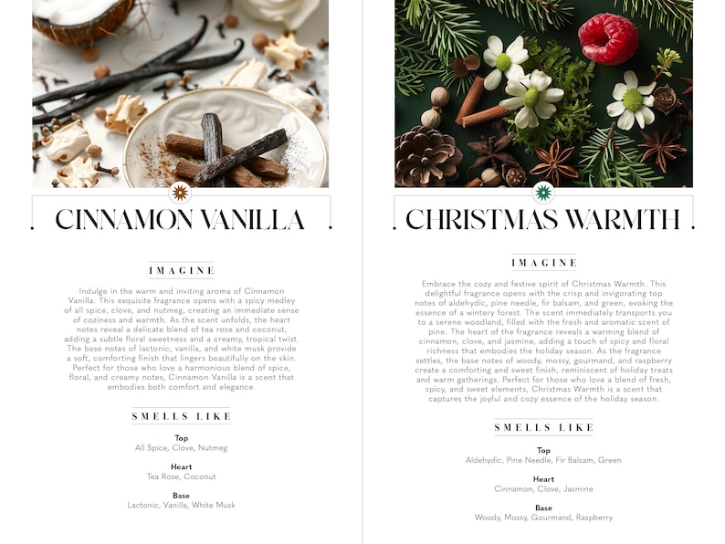 Op de afbeelding: Twee etiketten voor glazen kaarsen met afbeeldingen van ingredi&euml;nten en tekst die de geuren beschrijft. Het linker etiket is voor Cinnamon Vanilla en het rechter etiket voor Christmas Warmth. Beide etiketten hebben de woorden "Imagine" en "Smells Like" met een lijst van noten voor elke geur.