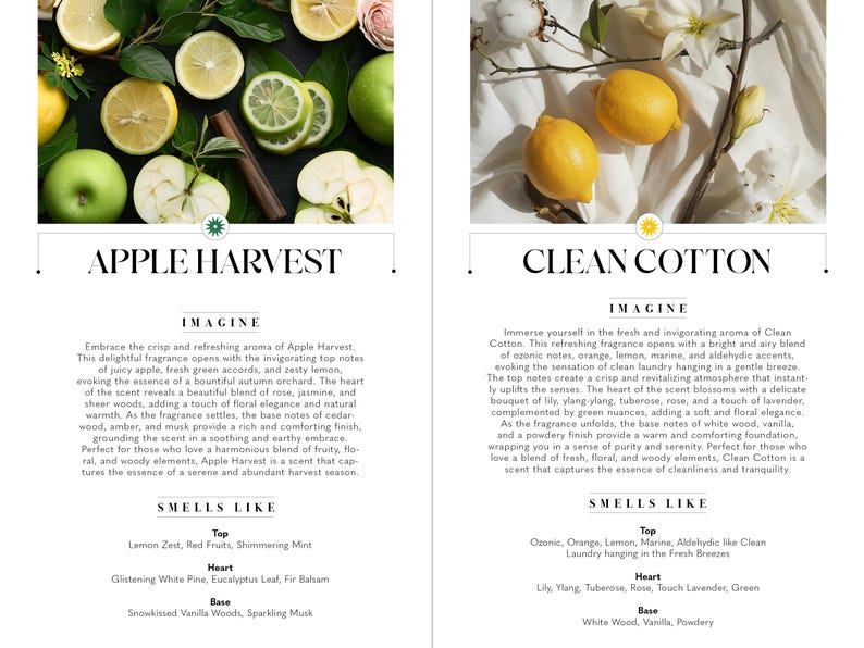 May include: Two product advertisements. One features sliced apples, lemons, and cinnamon sticks with the text "Apple Harvest." The other shows lemons and cotton with the text "Clean Cotton."