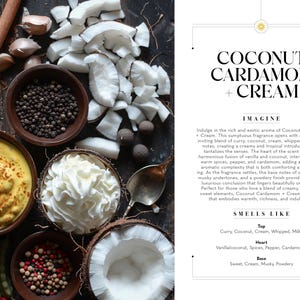 May include: An overhead shot features ingredients for a fragrance, including coconut, spices, and cream. The text reads "COCONUT CARDAMOM + CREAM". Bowls hold ingredients like black peppercorns, red peppercorns, and whipped cream.
