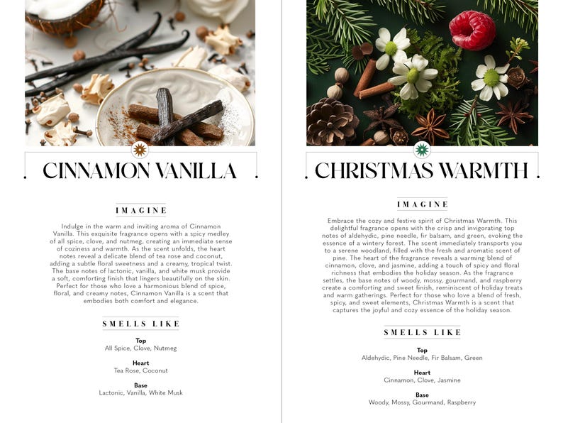 May include: Two product images. The left image features a plate with cinnamon sticks, vanilla beans, and spices. The text "CINNAMON VANILLA" is displayed. The right image shows a festive arrangement of pine needles, berries, and spices. The text "CHRISTMAS WARMTH" is displayed.