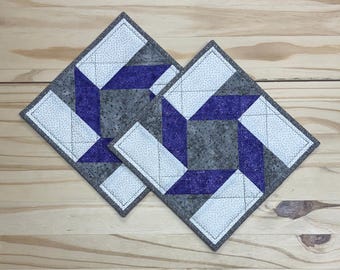 Set of 2 Diamond pinwheel Mug Rugs, Purple & gray table quilt set, Matching quilted snack mats