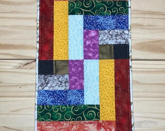 Hand quilted rainbow table runner, Log cabin corner pattern, Colorful quilted table runner, Rainbow log cabin centerpiece quilt