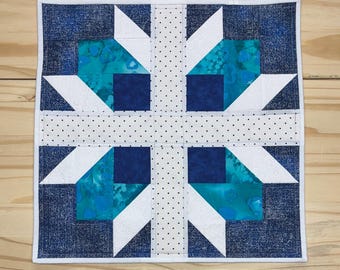 Winter snowflake quilted centerpiece, White & blue snowflake table quilt, Blue quilted holiday table decoration