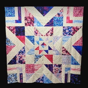 UNFINISHED Star Quilt, Barn Star quilt top, Throw quilt to Finish, Colorful star quilt, Blue & Pink quilt top, Triple star quilt unfinished