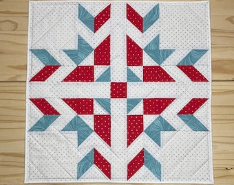 Red, Blue, White star table topper, Geometric star table quilt, Large quilted centerpiece decoration