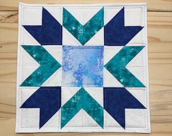 Triple star table quilt, Blue aqua white star centerpiece quilt, Bold color star quilt decoration