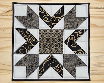 Black & gold star quilted centerpiece, Triple star table quilt with metallic accents