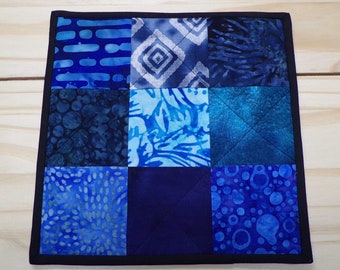 Blue Batik Mug Rug | Quilted Table topper | Quilted Mug Rug | Snack Mat | Blue table quilt | Quilted gifts | Quilted table decor | Mug Rug